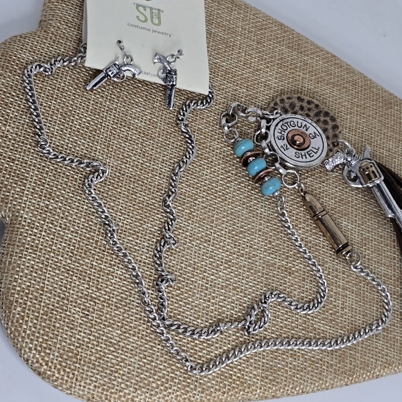 Earrings & Necklace SET 2nd Ammendment Revolver Shotgun Shell Statement tassel - Picture 3 of 4